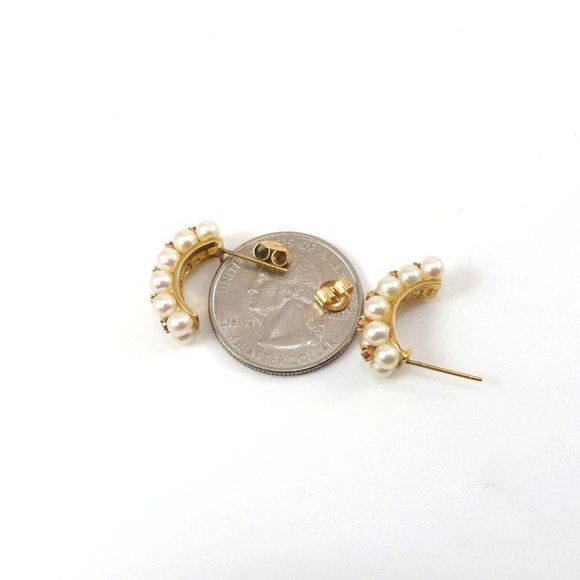 Solid 14K Yellow Gold Pearl Ruby Hoop Earrings - Picture 4 of 4